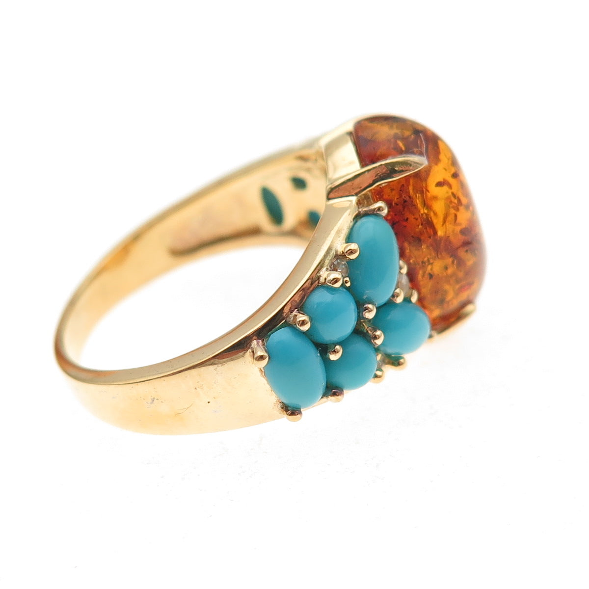 925 Sterling Silver Gold Plated Real Amber Turquoise White Topaz Ring Size 8.25