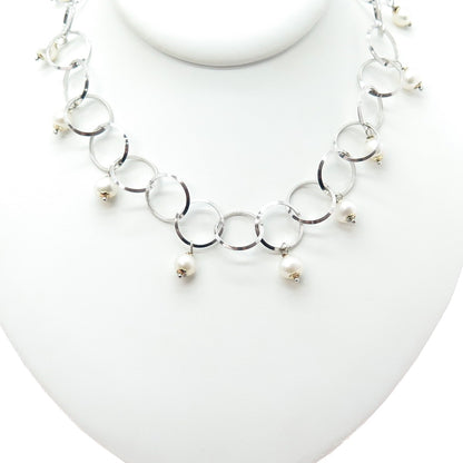 SILVER STAR 925 Sterling Vintage Italy Real Pearl Rolo Chain Necklace 22"