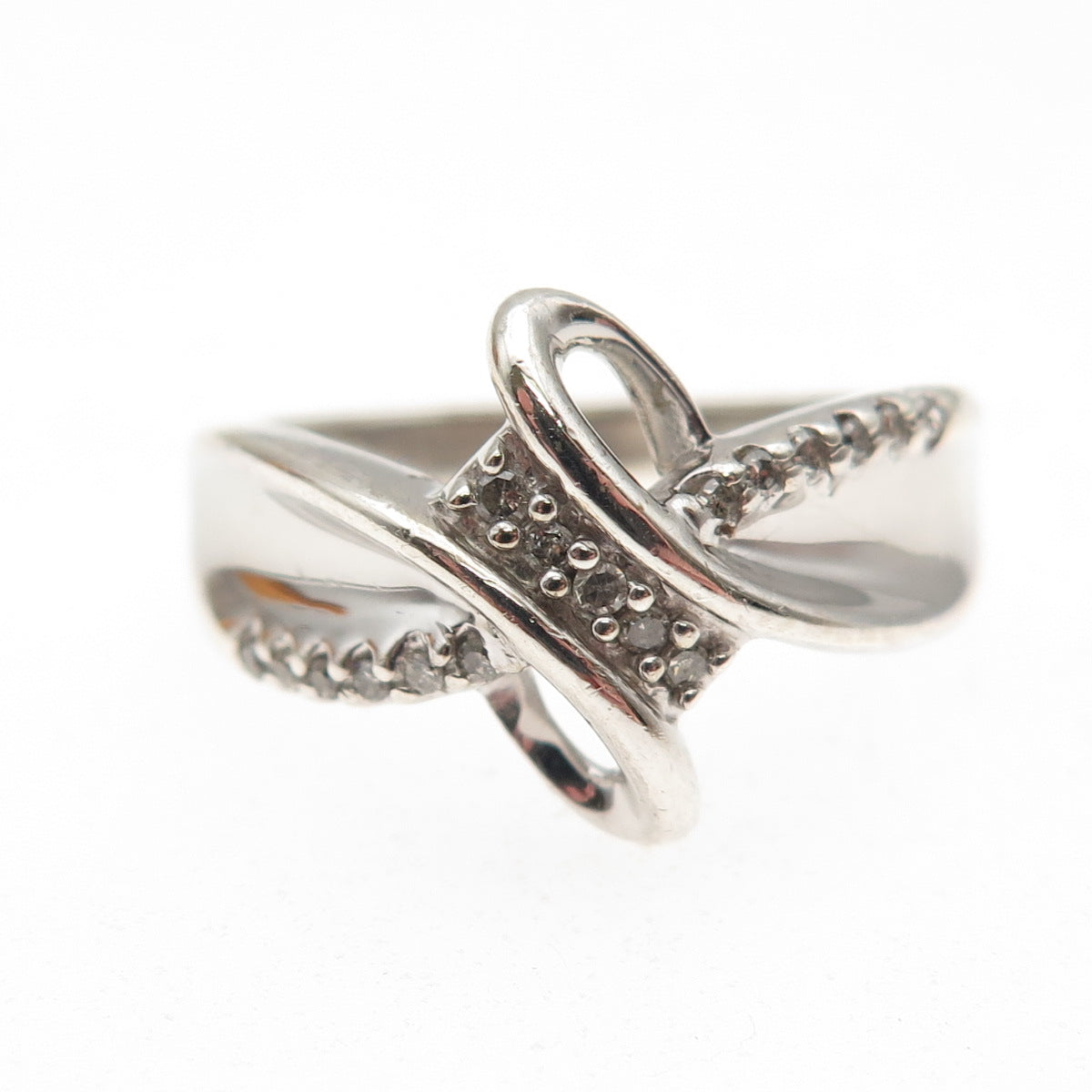 SUN 925 Sterling Silver Real Round-Cut Diamond Bypass Ring Size 6.75