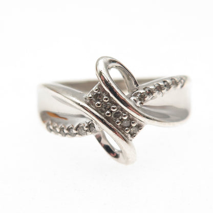 SUN 925 Sterling Silver Real Round-Cut Diamond Bypass Ring Size 6.75