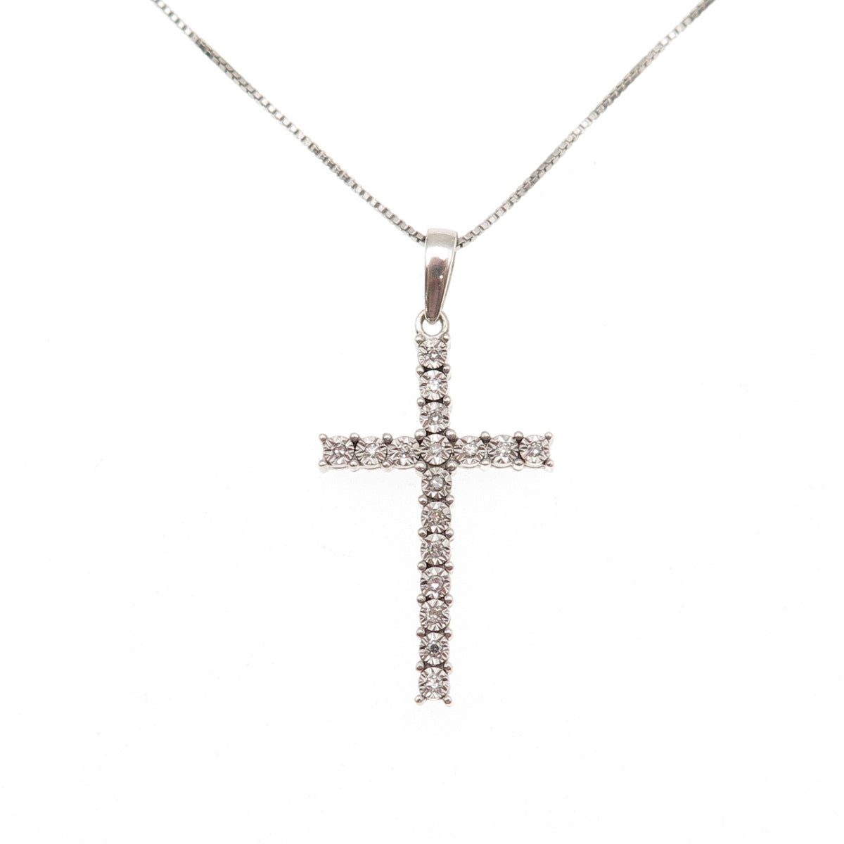 925 Sterling Silver Real Round-Cut Diamond Cross Box Chain Necklace 18"