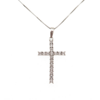 925 Sterling Silver Real Round-Cut Diamond Cross Box Chain Necklace 18"