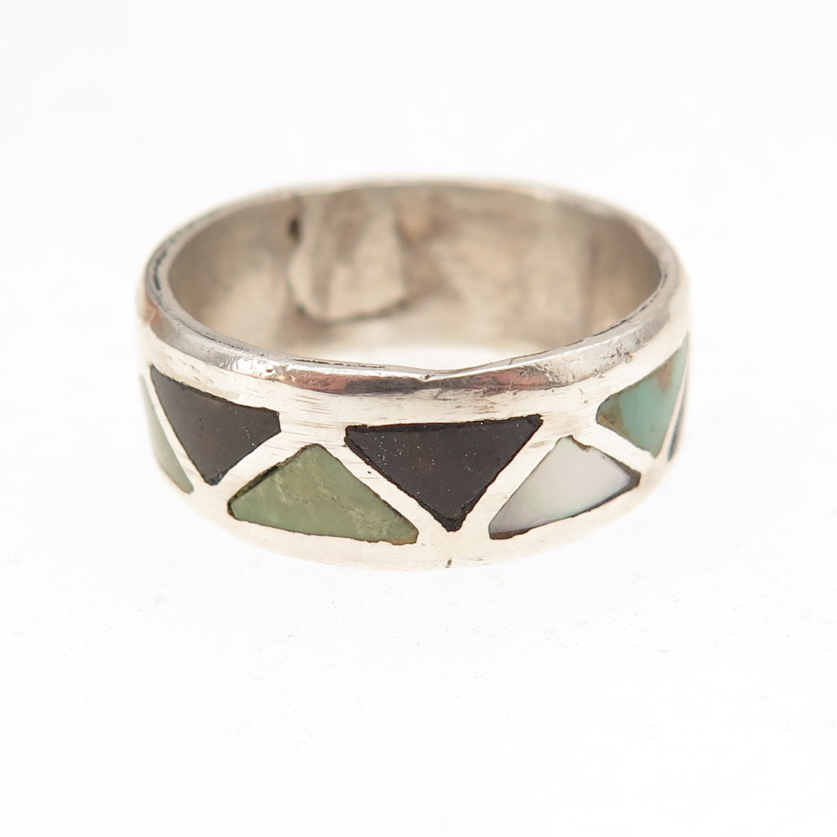 Old Pawn 925 Sterling Silver Vintage Turquoise Black Onyx MOP Tribal Ring Size 7