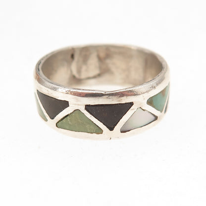 Old Pawn 925 Sterling Silver Vintage Turquoise Black Onyx MOP Tribal Ring Size 7