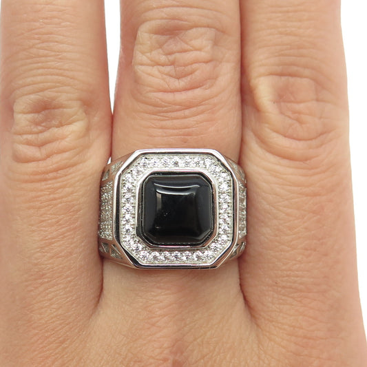 925 Sterling Silver Real Black Onyx Gemstone & C Z Ring Size 9.25