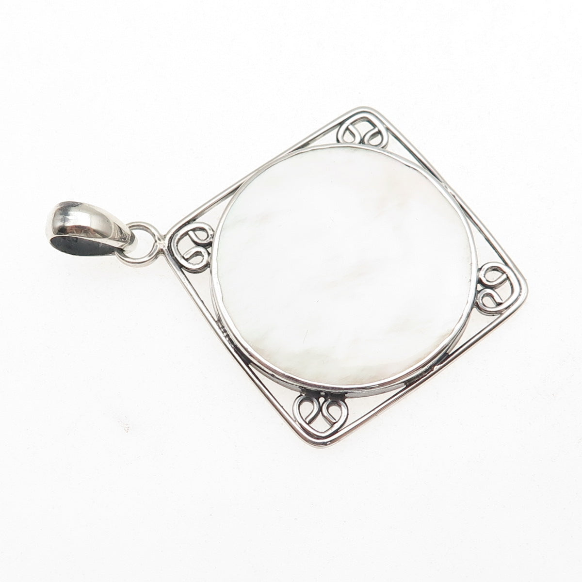 925 Sterling Silver Vintage Real MOP Modernist Heart Square Charm Pendant