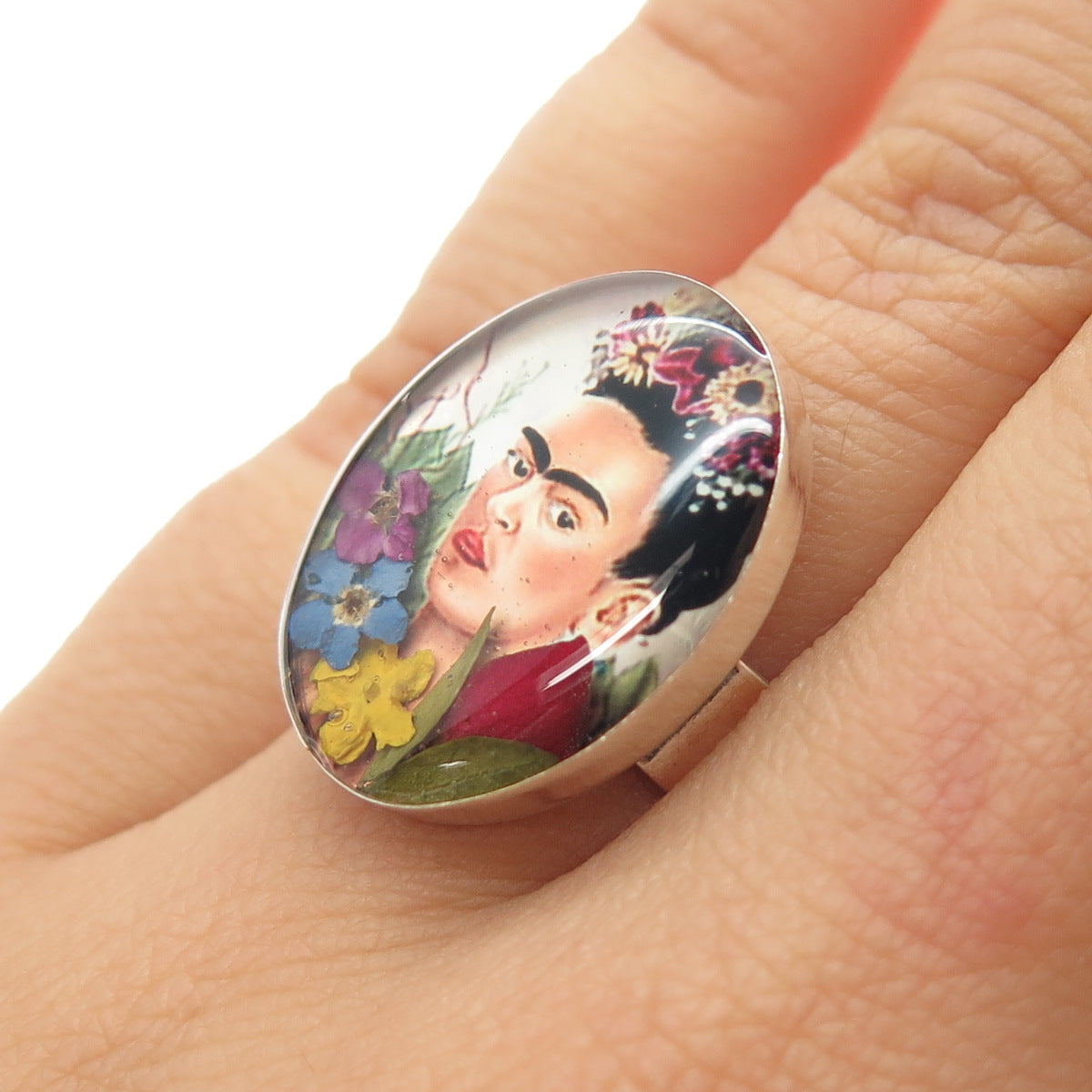 925 Sterling Silver Vintage Enamel Frida Kahlo Pressed Flowers Ring Size 7