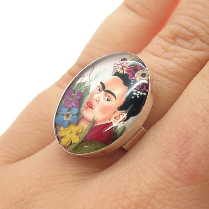 925 Sterling Silver Vintage Enamel Frida Kahlo Pressed Flowers Ring Size 7