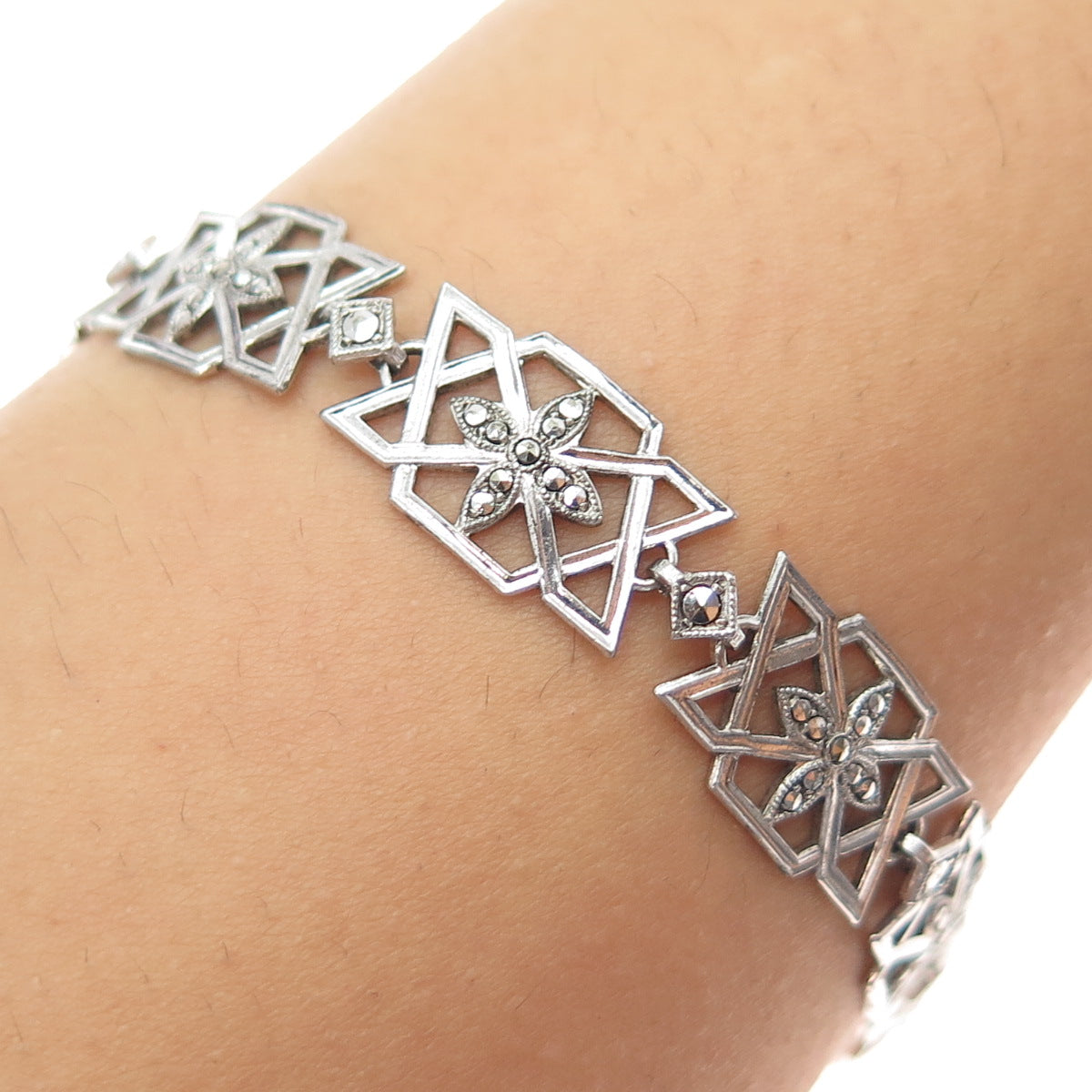 925 Sterling Silver Antique Art Deco Marcasite Bracelet 6.75" (missing lock)