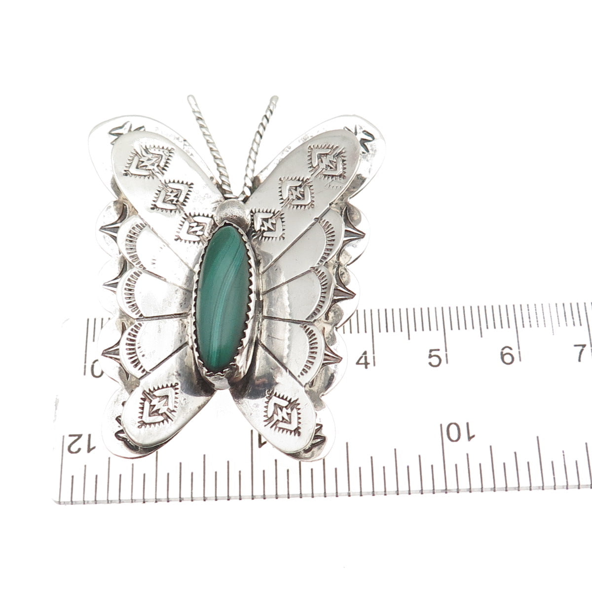 Old Pawn 925 Sterling Silver Vintage Southwestern Malachite Butterfly Pin Brooch
