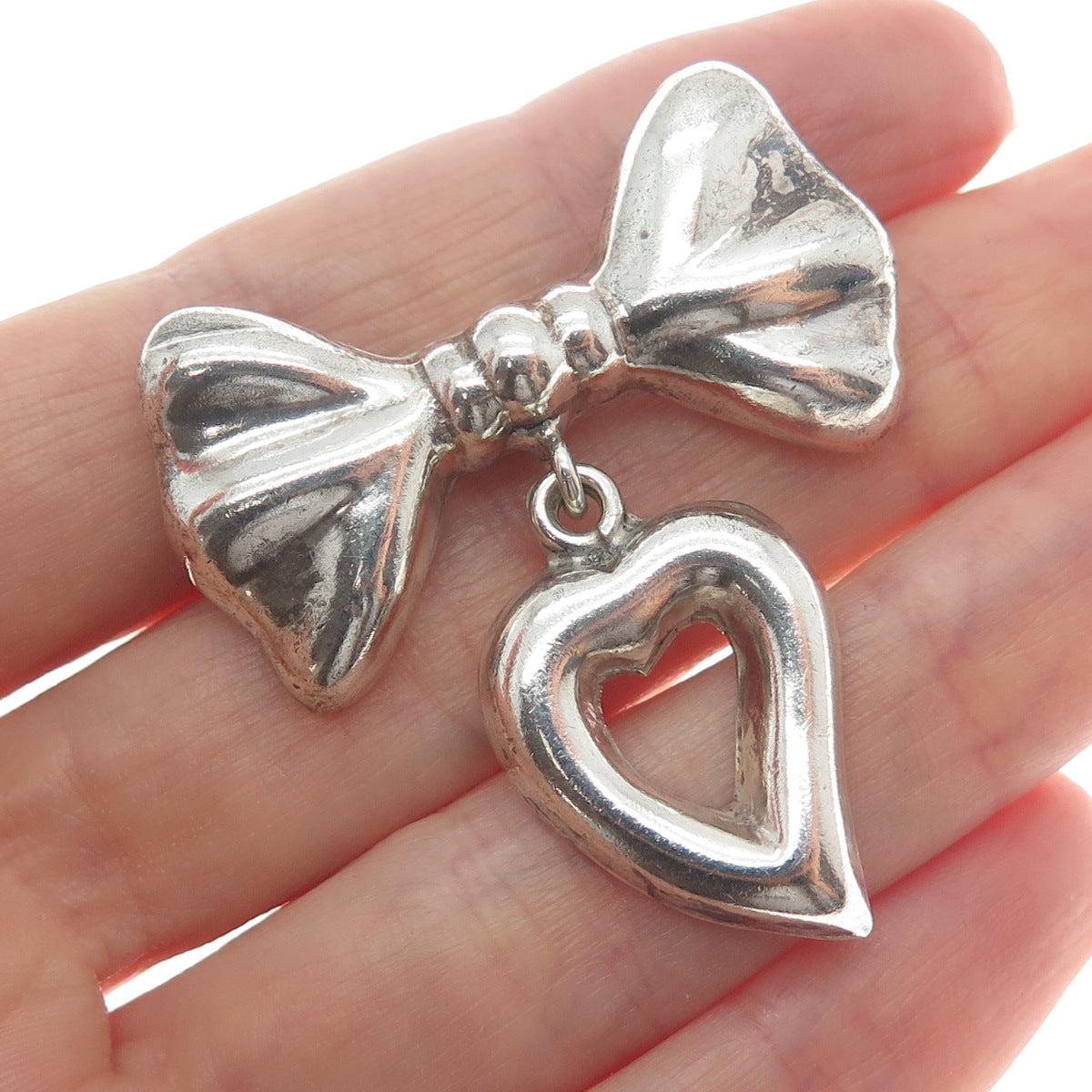 925 Sterling Silver Vintage Mexico Bow Open Heart Dangle Oxidized Brooch/Pendant