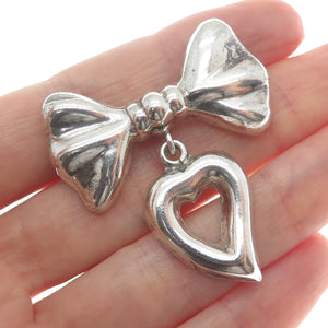 925 Sterling Silver Vintage Mexico Bow Open Heart Dangle Oxidized Brooch/Pendant