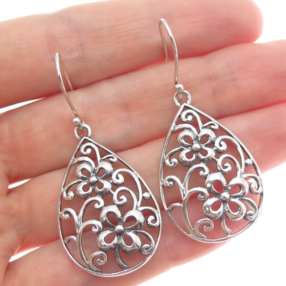 CHAPAL ZENRAY 925 Sterling Silver Vintage Ornate Flower Teardrop Dangle Earrings