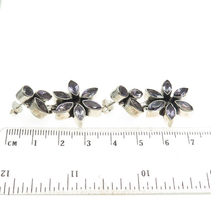 925 Sterling Silver Vintage Real Marquise & Round-Cut Amethyst Floral Earrings