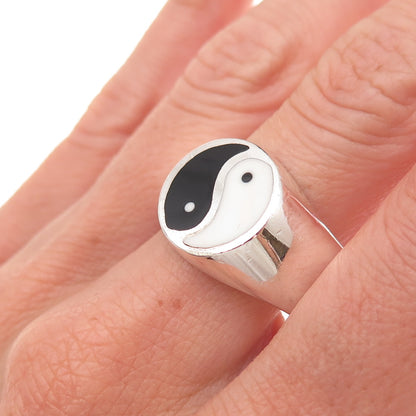 925 Sterling Vintage Mexico Real Black & White Onyx Yin Yang Ring Size 13.25