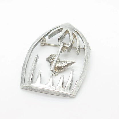 925 Sterling Silver Vintage Mexico Bird In A Cage Pin Brooch