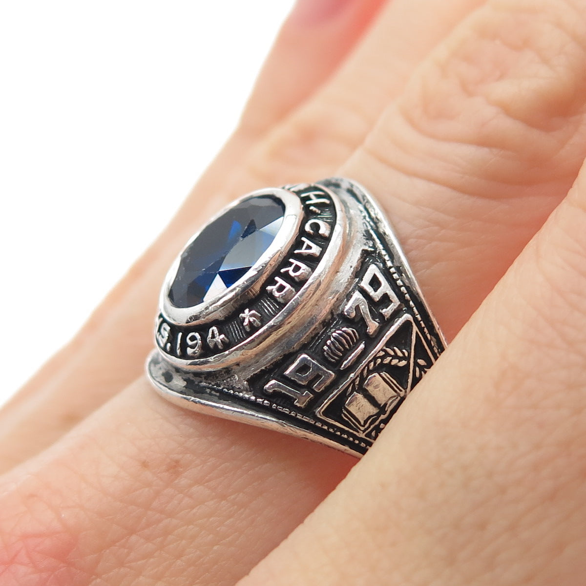 REED Sterling Vintage 1979 Lab-Created Sapphire W.H. Carr School Ring Size 9.25