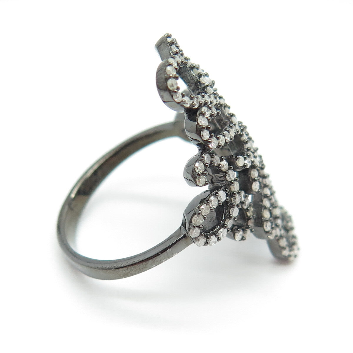 925 Sterling Silver Round-Cut Diamond Heart Floral Black Rhodium Ring Size 8.25