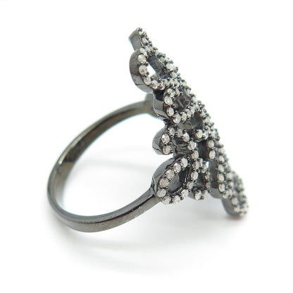 925 Sterling Silver Round-Cut Diamond Heart Floral Black Rhodium Ring Size 8.25