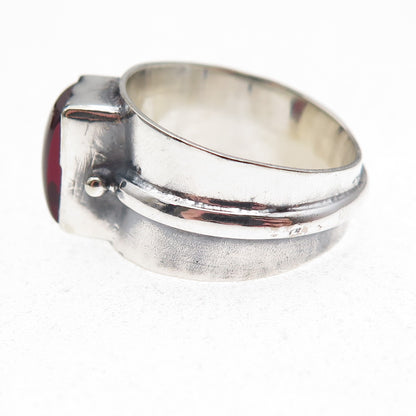 925 Sterling Silver Vintage Real Red Garnet Modernist Oxidized Ring Size 8.75
