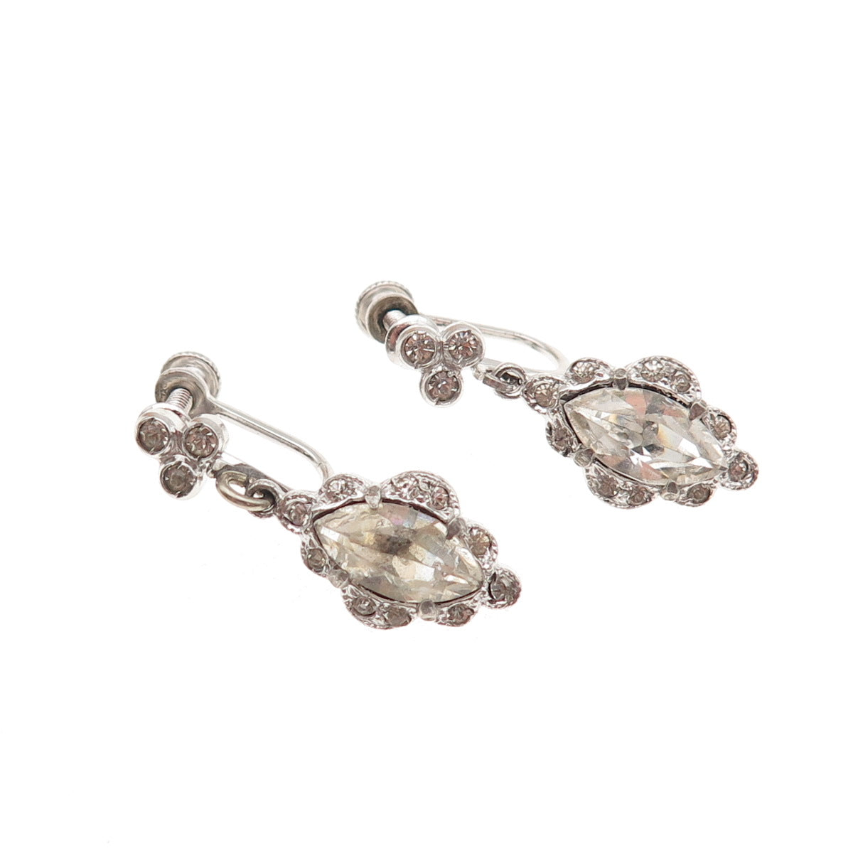 925 Sterling Silver Antique Art Deco Rhinestone Screw Back Dangle Earrings