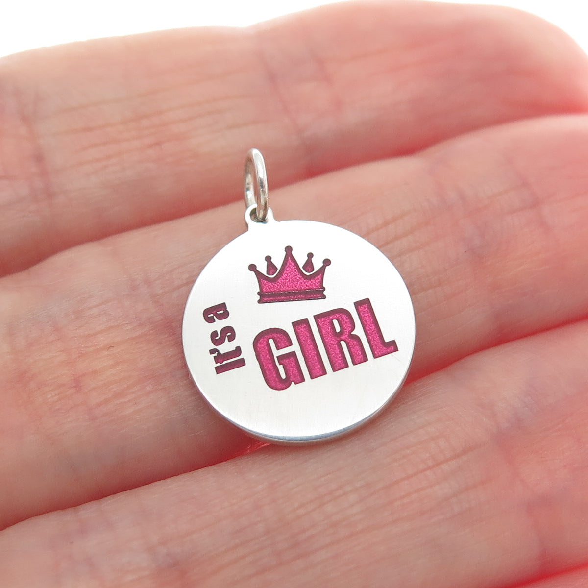925 Sterling Silver Purple Pink Enamel It's A Girl Crown Minimalist Pendant