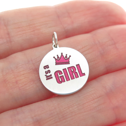 925 Sterling Silver Purple Pink Enamel It's A Girl Crown Minimalist Pendant