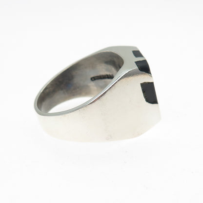 925 Sterling Silver Vintage Mexico Real Black Onyx Modernist Ring Size 11.75