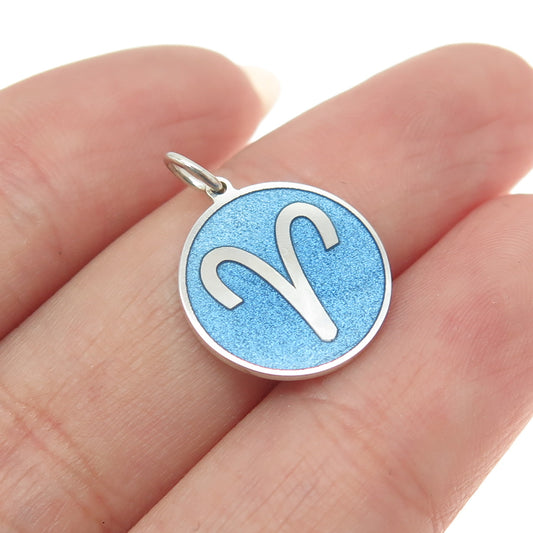 925 Sterling Silver Blue Enamel Aries Zodiac Sign Round Minimalist Charm Pendant