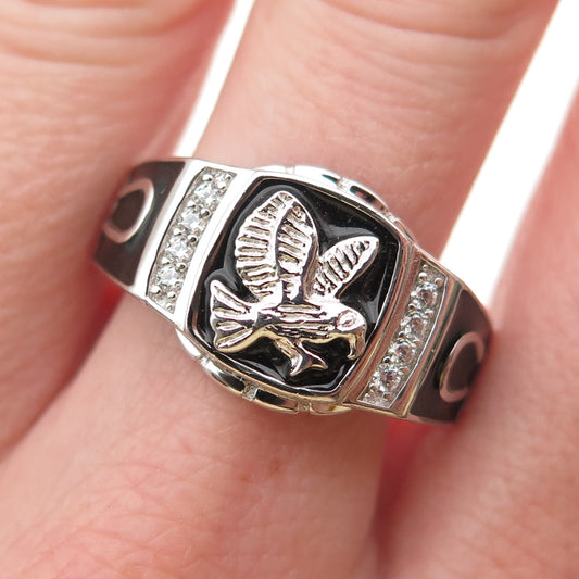 925 Sterling Silver Vintage Enamel Round-Cut C Z Eagle Horseshoe Ring Size 11.75