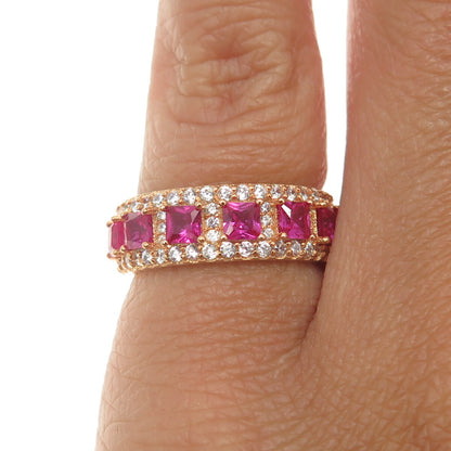 925 Sterling Silver Gold Plated Lab-Created Ruby & C Z Band Ring Size 5.25