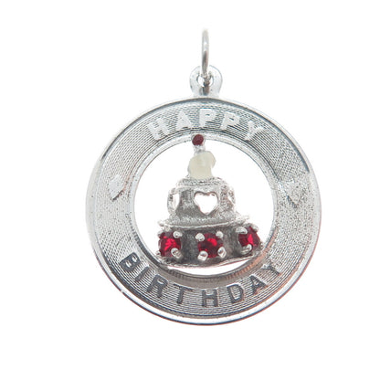 MARC MERCY 925 Sterling Silver Vintage Rhinestone "Happy Birthday" Cake Pendant