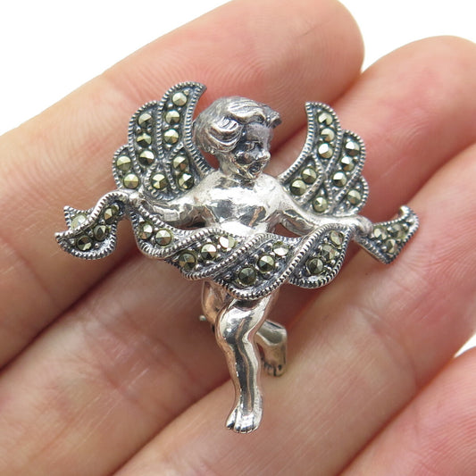 JUDITH JACK 925 Sterling Silver Vintage Real Marcasite Cherub Pin Brooch