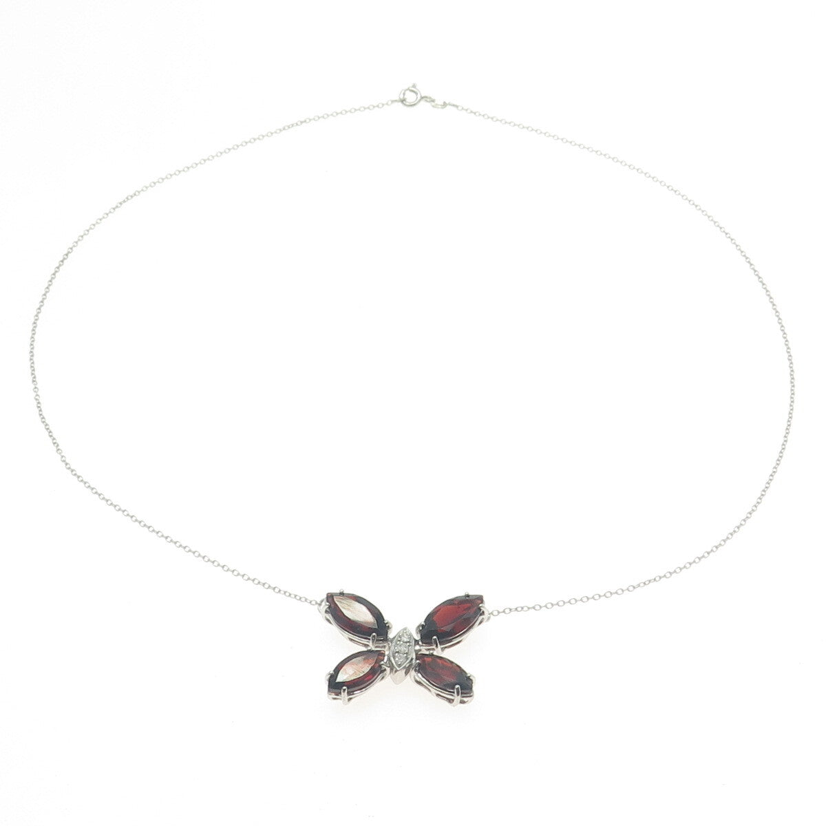 925 Sterling Silver Italy Real Diamond & Red Garnet Gem Butterfly Necklace 18"