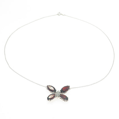 925 Sterling Silver Italy Real Diamond & Red Garnet Gem Butterfly Necklace 18"