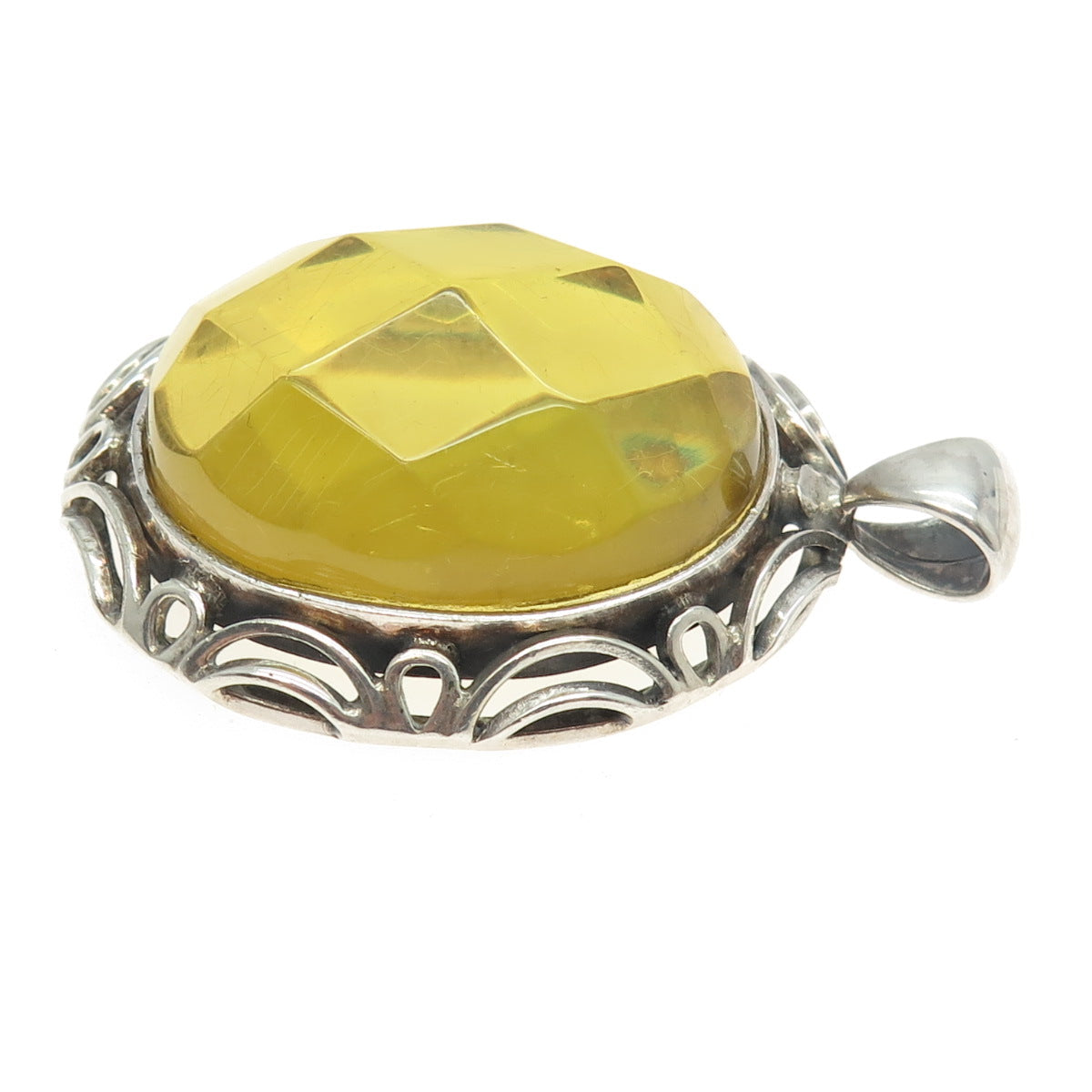 925 Sterling Silver Vintage Real Large Amber Ornate Pendant