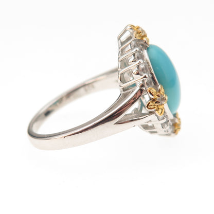925 Sterling Silver 2-Tone Real Sleeping Beauty Turquoise & Topaz Ring Size 8