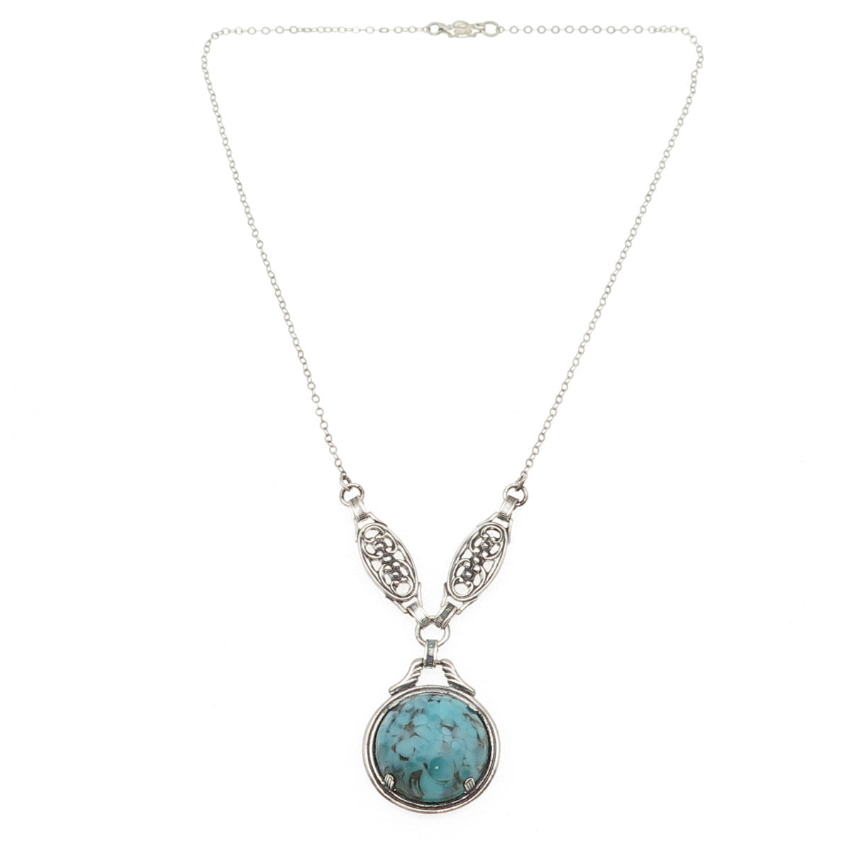 925 Sterling Silver Vintage Faux Turquoise Floral Cable Chain Necklace 16"