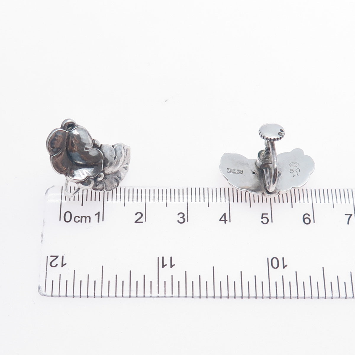 GEORG JENSEN 925 Sterling Silver Vintage Denmark Floral Screw Back Earrings #50A