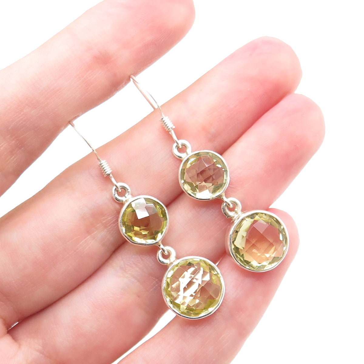 925 Sterling Silver Real Round-Cut Citrine Drop Dangle Earrings
