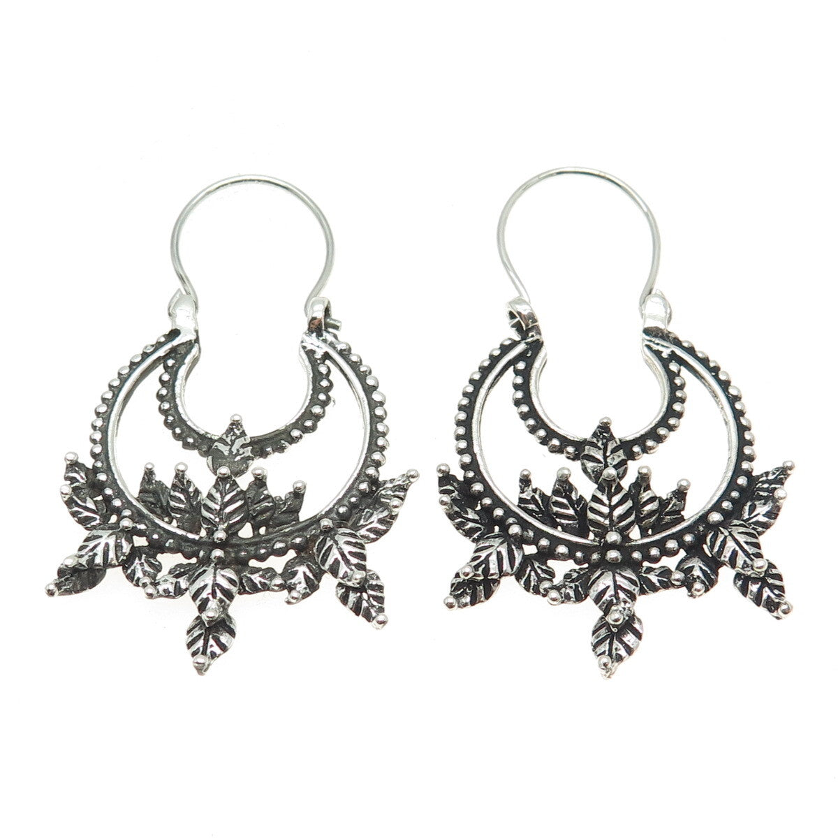 925 Sterling Silver Vintage Leaf Ethnic Oxidized Earrings