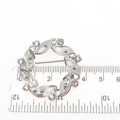 Am Lee 925 Sterling Silver Vintage Rhinestone Filigree Floral Pin Brooch