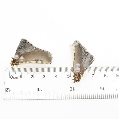 Joseph Masaniello Sterling Silver 2-Tone Vintage Real Pearl Modernist Earrings