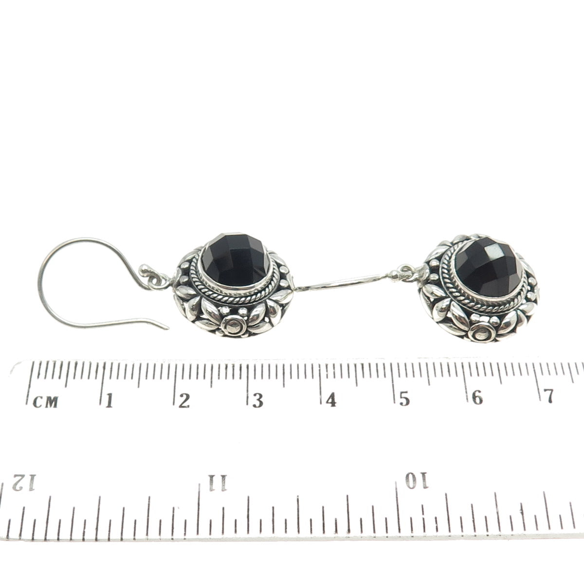 925 Sterling Silver Vintage Real Black Spinel Ornate Floral Dangling Earrings