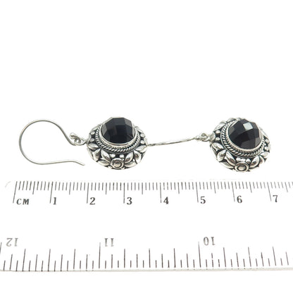 925 Sterling Silver Vintage Real Black Spinel Ornate Floral Dangling Earrings