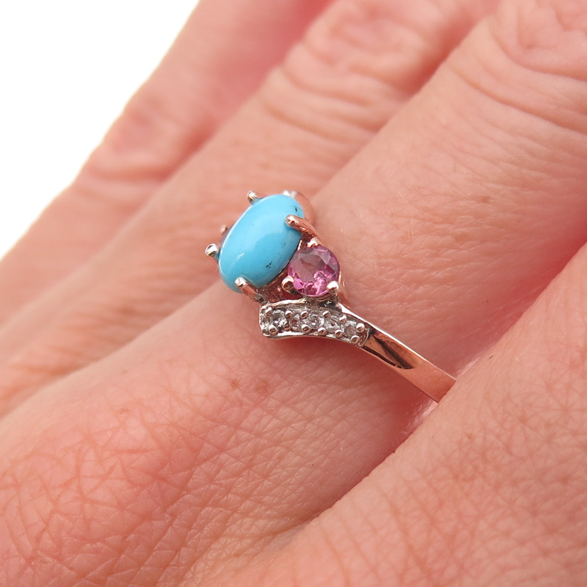 Chuck Clemency Sterling Gold Plated Real Turquoise Amethyst Topaz Ring Size 8.25