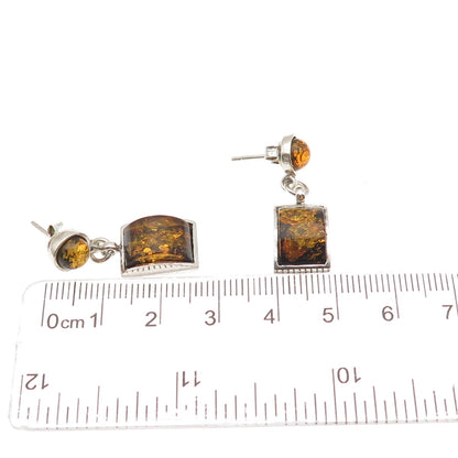 925 Sterling Silver Vintage Real Amber Modernist Dangle Earrings