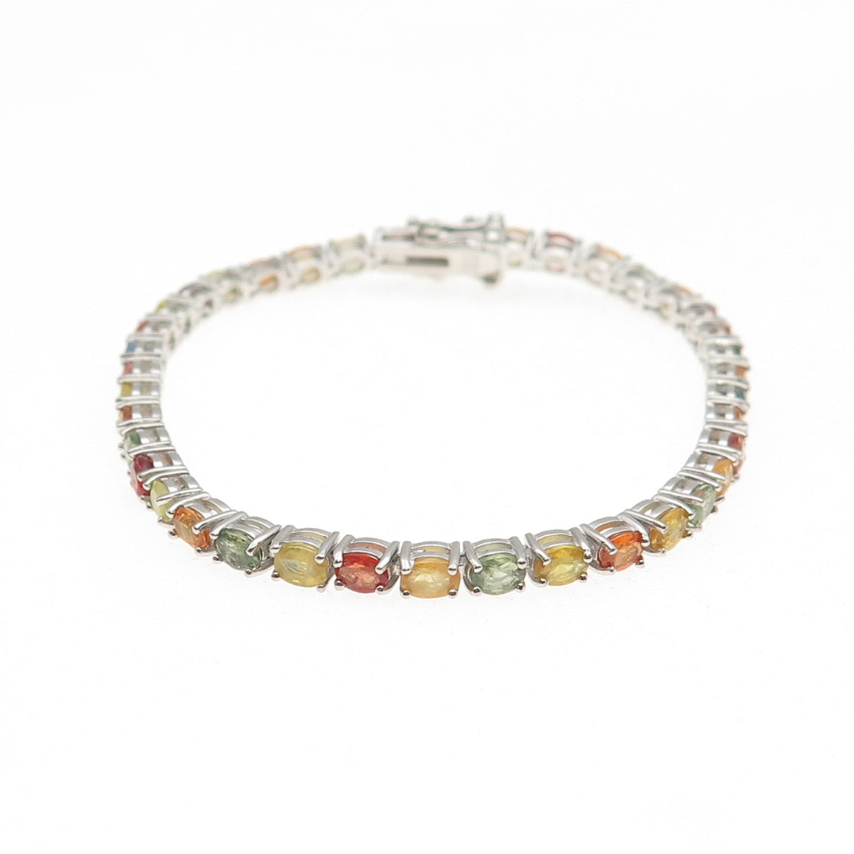 925 Sterling Silver Real Oval-Cut Multi-Color Sapphire Link Bracelet 7"