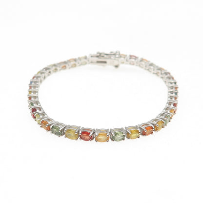 925 Sterling Silver Real Oval-Cut Multi-Color Sapphire Link Bracelet 7"