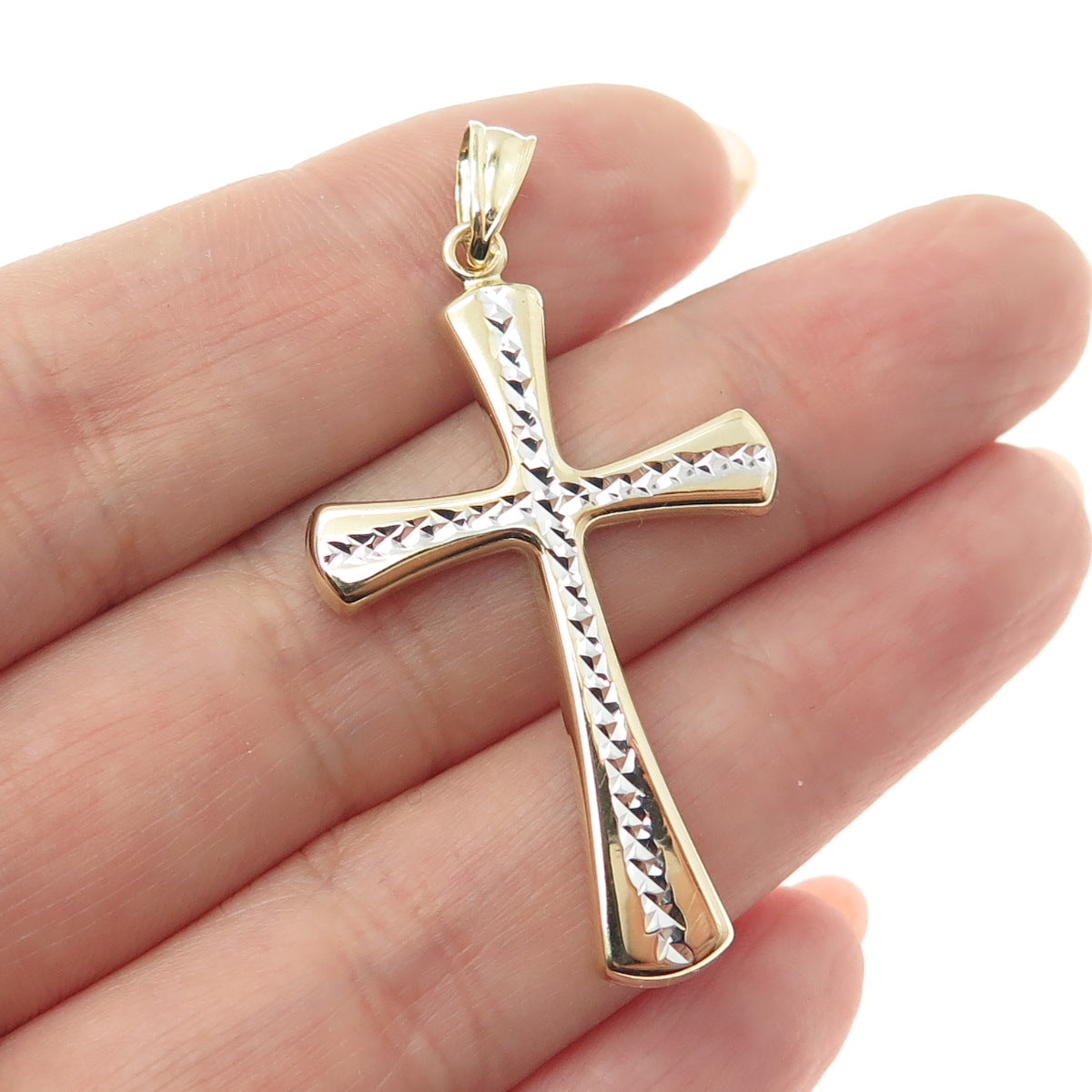 14K Yellow & White Gold Diamond-Cut Cross Religious Charm Pendant